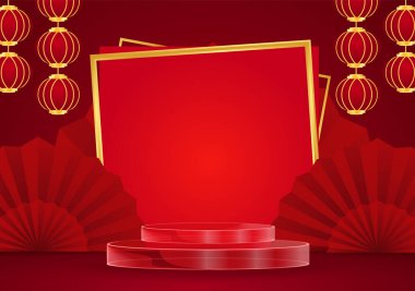 Çin yeni yılı 2022 kırmızı arka planda. Kırmızı arka planda ürün için altın kenarlı podyum, Çin Teması, Satış