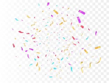 Şeffaf Arkaplan Rengi kurdele ve flama üzerinde konfeti patlaması. Doğum günü partisi vektör arkaplanı