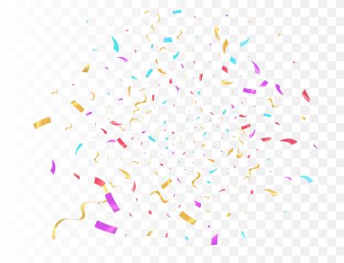 Şeffaf Arkaplan Rengi kurdele ve flama üzerinde konfeti patlaması. Doğum günü partisi vektör arkaplanı