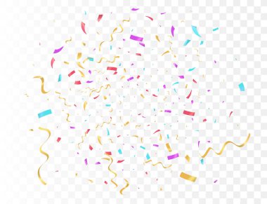 Şeffaf Arkaplan Rengi kurdele ve flama üzerinde konfeti patlaması. Doğum günü partisi vektör arkaplanı