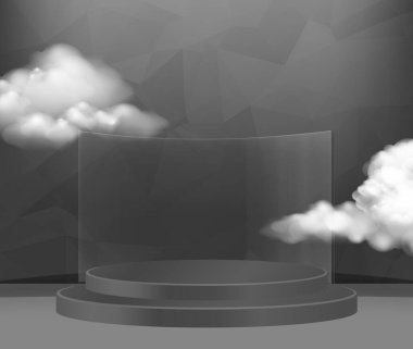 3D vektör soyut podyum, kaide, plaket, yuvarlak altın çerçeveli silindir basamaklar. Minimalist düzen kavramı, boşluk ve boşluk. Model Yukarı. siyah arkaplan soyut çokgen