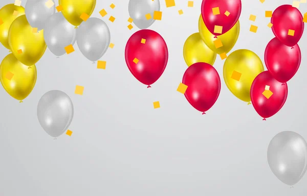 Gold Und Rot Weiße Luftballons Mit Konfetti Auf Weißem Hintergrund — Stockvektor