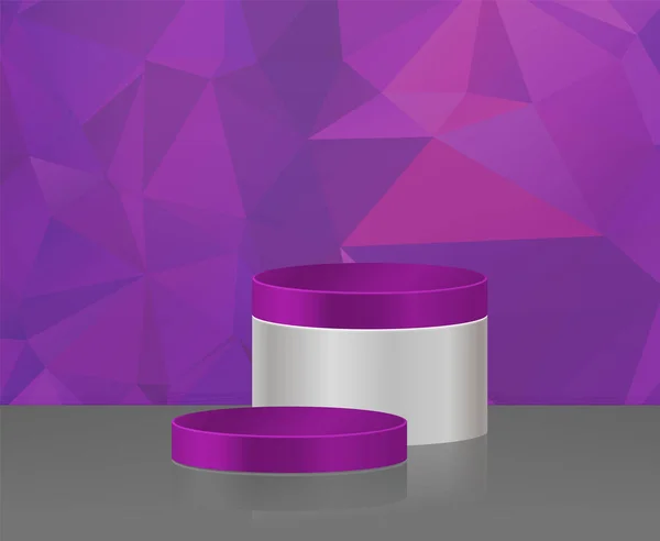 三维矢量抽象平台 圆柱形台阶的一个圆形金框 简约的布局 空旷的空间 调皮了 关于紫色背景的抽象多边形 — 图库矢量图片