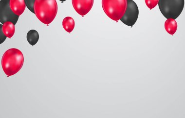 Beyaz arka planda konfeti olan siyah ve kırmızı balonlar. Kutlama arkaplan tasarımı