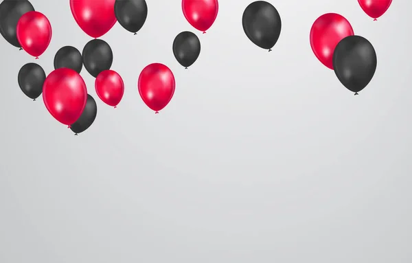 Zwarte Rode Ballonnen Met Confetti Witte Achtergrond Viering Achtergrond Ontwerp — Stockvector