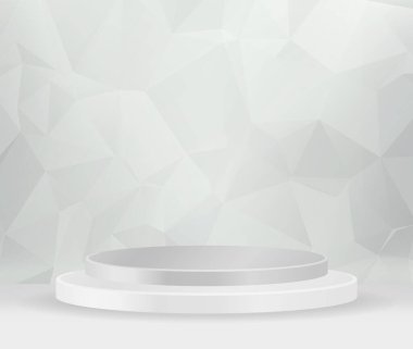 3D vektör soyut podyum, kaide, plaket, yuvarlak altın çerçeveli silindir basamaklar. Minimalist düzen kavramı, boşluk ve boşluk. Model Yukarı. beyaz arkaplan soyut çokgen