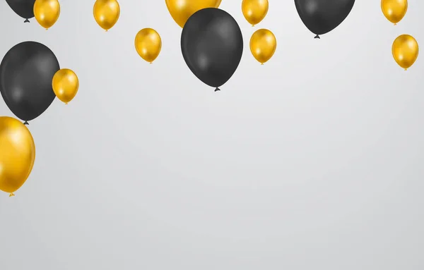 Ballons Noirs Dorés Avec Confettis Sur Fond Blanc Célébration Fond — Image vectorielle