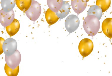 Altın renkler tasarla ve gerçekçi uçan helyum balonları olan beyaz. Kutlama, festival geçmişi, kutlama afişi, kart, poster.