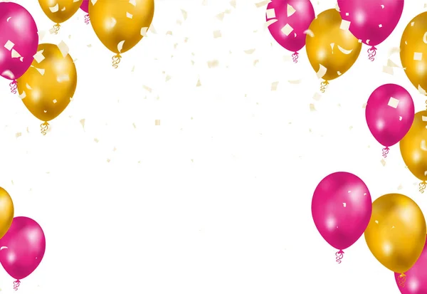 设计金色和粉色与现实的飞行氦气球 庆祝活动 节日背景 问候横幅 — 图库矢量图片