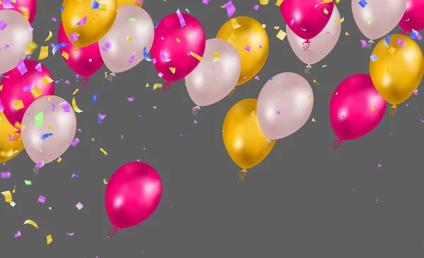 現実的な飛行ヘリウム気球と金の色とピンクを設計します お祝い 祭りの背景 グリーティングバナー カード ポスター — ストックベクタ