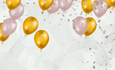 Altın renkler tasarla ve gerçekçi uçan helyum balonları olan pembe. Kutlama, festival geçmişi, kutlama afişi, kart, poster.