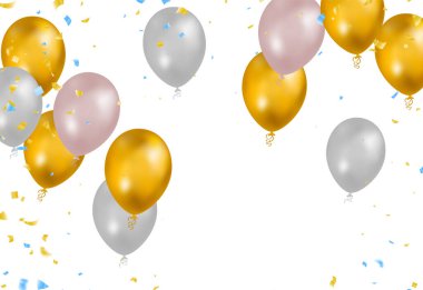 Altın renkler tasarla ve gerçekçi uçan helyum balonları olan beyaz. Kutlama, festival geçmişi, kutlama afişi, kart, poster.
