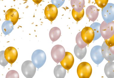 Altın renkler tasarla ve gerçekçi uçan helyum balonları olan beyaz mavi. Kutlama, festival geçmişi, kutlama afişi, kart, poster.