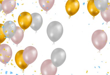 Altın renkler tasarla ve gerçekçi uçan helyum balonları olan beyaz. Kutlama, festival geçmişi, kutlama afişi, kart, poster.