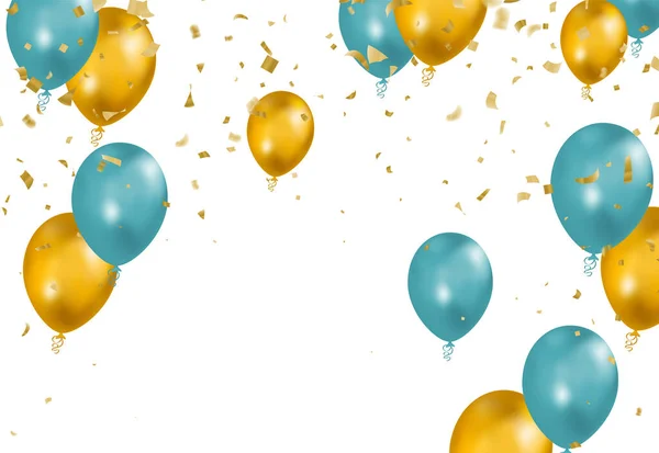 Altın renkler tasarla ve gerçekçi uçan helyum balonları olan mavi. Kutlama, festival geçmişi, kutlama afişi, kart, poster.