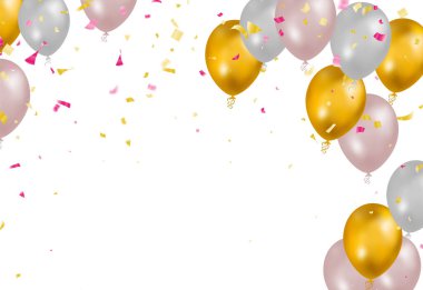 Altın renkler tasarla ve gerçekçi uçan helyum balonları olan beyaz. Kutlama, festival geçmişi, kutlama afişi, kart, poster.