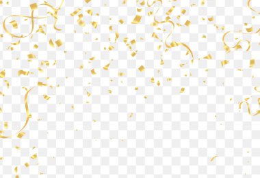 Düşen parlak altın konfeti şeffaf arka planda izole edildi. VIP uçuşu elementleri, altın folyo desenli yılan desenli konfeti konfetileri yeni yıl vektörü düşüyor..