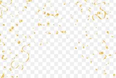 Düşen parlak altın konfeti şeffaf arka planda izole edildi. VIP uçuşu elementleri, altın folyo desenli yılan desenli konfeti konfetileri yeni yıl vektörü düşüyor..
