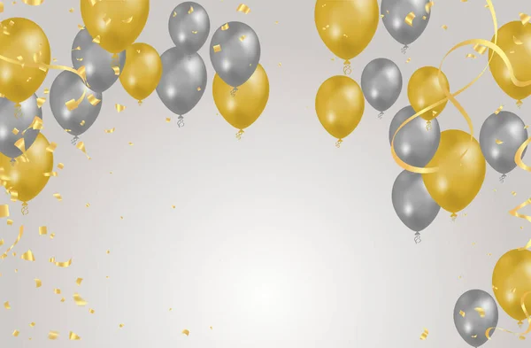 balloon gray and yellow background. Flying colorful balloons birthday party decoration. Anniversary celebration card, fun carnival holiday joy surprise
