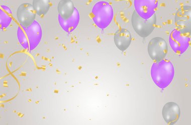 balloon gray and pink background. Flying colorful balloons birthday party decoration. Anniversary celebration card, fun carnival holiday joy surprise