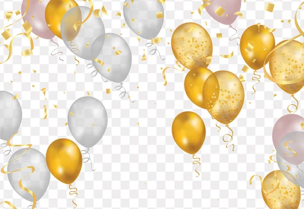 Balloons Gold Isolated Translucent Background Reflection Illustration Celebration Party Balloons — Vettoriale Stock