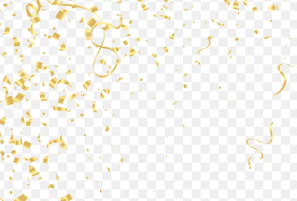 Düşen parlak altın konfeti şeffaf arka planda izole edildi. VIP uçuşu elementleri, altın folyo desenli yılan desenli konfeti konfetileri yeni yıl vektörü düşüyor..