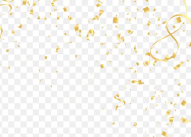 Düşen parlak altın konfeti şeffaf arka planda izole edildi. VIP uçuşu elementleri, altın folyo desenli yılan desenli konfeti konfetileri yeni yıl vektörü düşüyor..