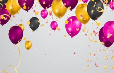 Realistic colorful helium balloons isolated on background. Party decoration frame for birthday, anniversary, celebration. message presentations or identity layouts. Graphic template and ideas.