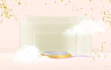 Görüntü, geometrik şekiller, şekil ürün sunumu için podyum ve soyut arkaplan Sahne Stüdyosu veya Yaya Sahası 'na sahip minimal sahne. 3B, Vektör