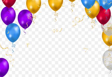 Doğum günün kutlu olsun kutlama partisi afişi folyo konfeti ve parlayan balonlar. Konfeti helyum balonuyla.