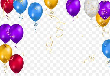 Doğum günün kutlu olsun kutlama partisi afişi folyo konfeti ve parlayan balonlar. Konfeti helyum balonuyla.