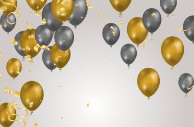 balloon gray and Gold background. Flying colorful balloons birthday party decoration. Anniversary celebration card, fun carnival holiday joy surprise group banner vector templat