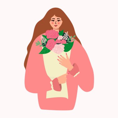 Koyu saçlı güzel bir kadın elinde bir buket bahar çiçeği tutuyor. 8 Mart 'taki Anneler Günü, Sevgililer Günü, Kadınlar Günü için pastel renklerin vektör kavramı