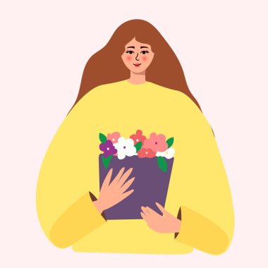 Koyu saçlı güzel bir kadın elinde bir buket bahar çiçeği tutuyor. 8 Mart 'taki Anneler Günü, Sevgililer Günü, Kadınlar Günü için pastel renklerin vektör kavramı.