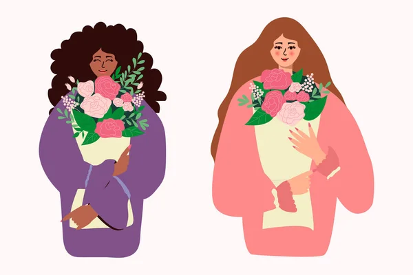 Mujer con el pelo oscuro y una mujer afroamericana negra de otra raza sostiene un ramo de flores de primavera en sus manos. Vector para el Día de las Madres, Día de San Valentín, Día de la Mujer el 8 de marzo — Vector de stock