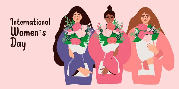 International Womens Day. Vector illustration with women of different nationalities and cultures with bouquets of flowers. vector illustration — Stock Vector