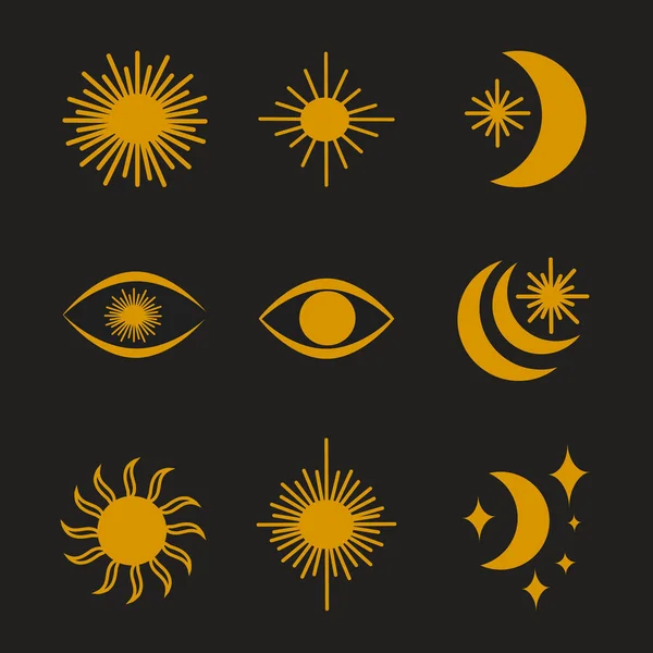 Soubor esoterických mystických plakátů. Slunce, měsíc, oko, hvězdy. Minimální geometrický styl boho. Duchovní koncept. Design tapety, nástěnný dekor, tisk, karta, pozadí. Vektorová ilustrace — Stockový vektor