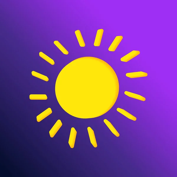 Imagem gráfica do sol quente com raios laranja e um ícone de vetor central amarelo brilhante para aplicativos e sites em estilo 3D, isolado em um fundo roxo — Vetor de Stock