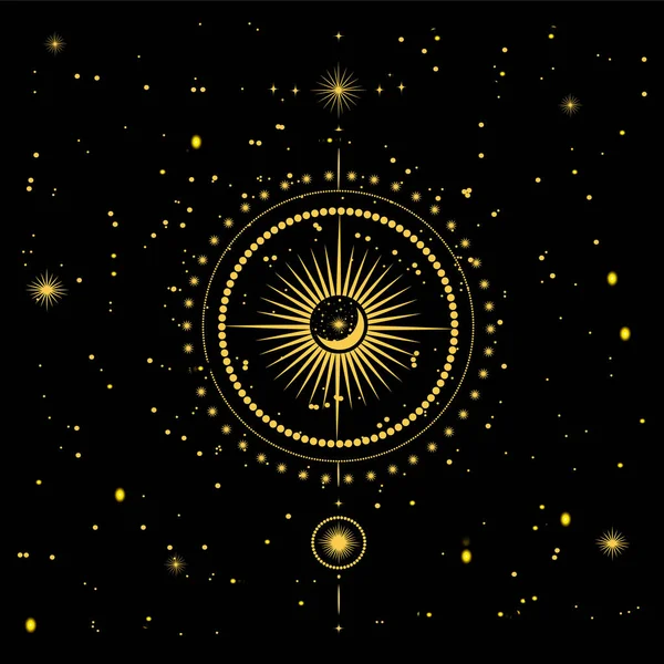 Ilustracja wektorowa dwunastu konstelacji zodiaku. Horoskop koło, mapa astrologiczna na tle gwiaździstego nocnego nieba w kolorze złotym. — Wektor stockowy