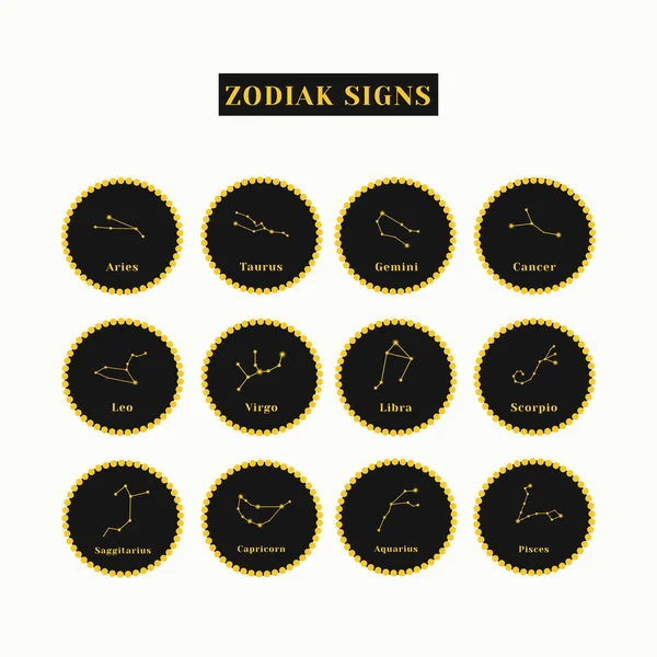 Zodiákus jelek. Egy sor fekete és arany állatöv ikonok elszigetelt fehér alapon. Az állatöv asztrológiai szimbólumai. Védikus asztrológia — Stock Vector