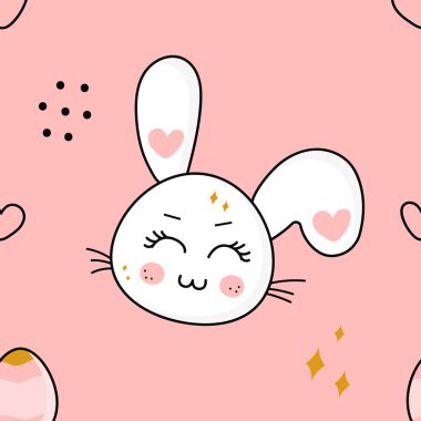 Şirin kawaii tavşanı, paskalya tavşanı yumurta, kalp ve parmak izi için vektör çizimi.