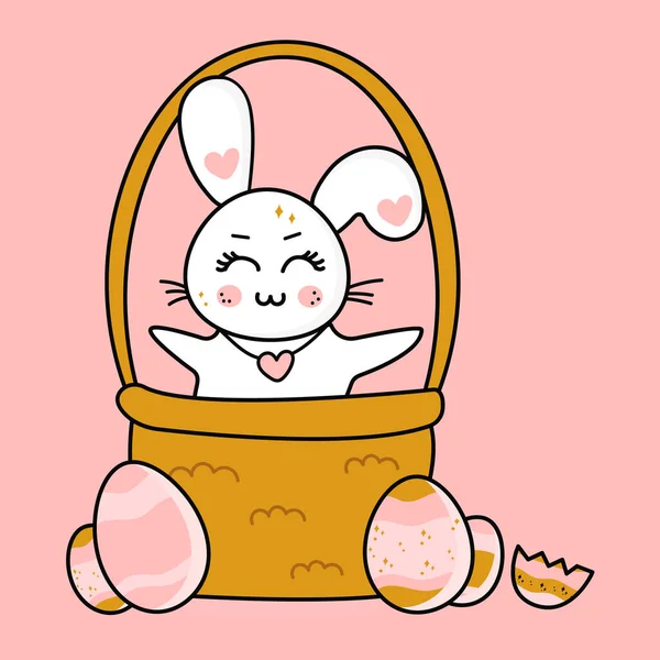 Osterhase im Vektor-Kawaii-Cartoon-Stil in einem Korb mit Eiern — Stockvektor