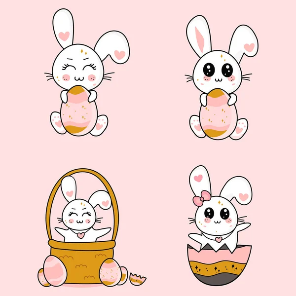 Leuke kawaii konijntjes. Afbeeldingen voor Pasen, St. Patricks Day, enz. Vector kawaii tekenfilmset. — Stockvector