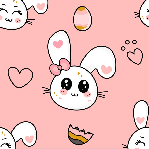 Niedliche Kawaii-Kaninchen nahtloses Muster, Osterhase mit Ei, Herzen, Vektor-Illustrationsmuster für Druck — Stockvektor