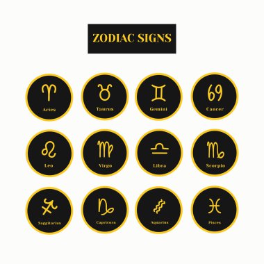 Zodiac işaretleri. Beyaz arka planda izole edilmiş siyah ve altın burçlar. Zodyak 'ın astrolojik sembolleri. Vedik Astrolojisi