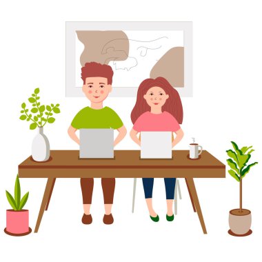 genç kız ve çocuk ile laptop sevimli çizgi çizimi