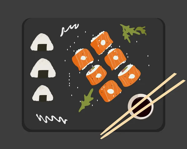 Sushi and onigiri are beautifully laid out with sauce top view on a black background. vector illustration of japanese food — Stock Vector