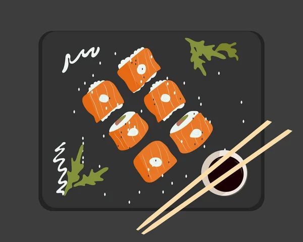 Philadelphia Sushi sind wunderschön mit Sauce Draufsicht auf schwarzem Hintergrund ausgelegt. Vektorillustration japanischer Lebensmittel — Stockvektor