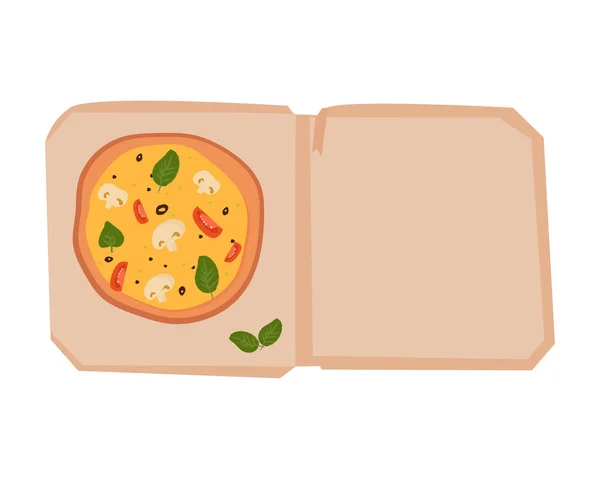 Vektorillustration einer handgezeichneten vegetarischen Pizza mit Käse, Pilzen, Tomaten und Basilikum in einer Schachtel auf weißem Hintergrund — Stockvektor