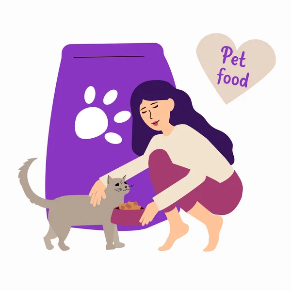 The girl feeds the cat with food in a bowl. Large size cat food on the background. Flat vector illustration. — Stock Vector